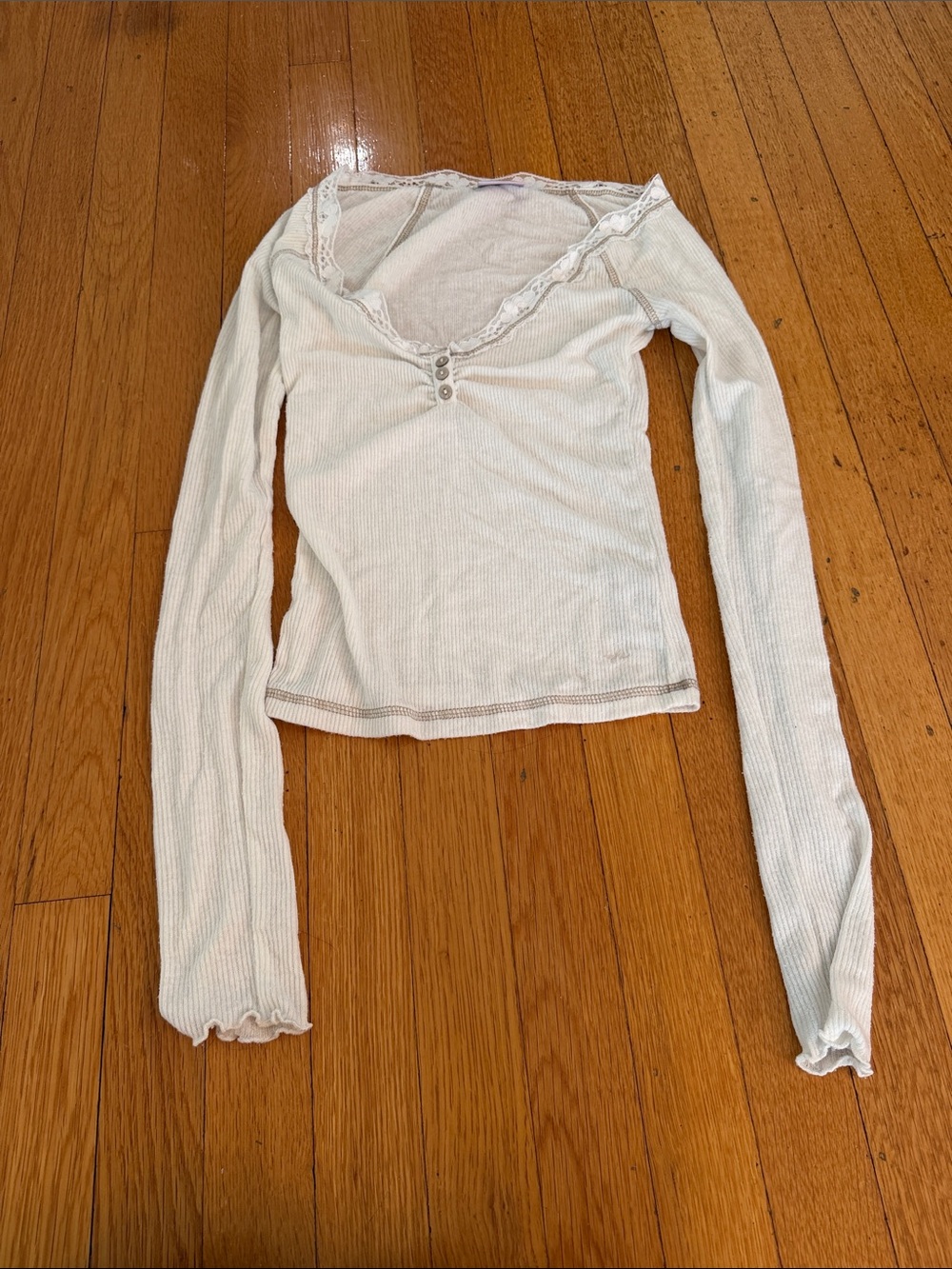 Urban Outfitters Cream Ribbed Lace-Trim Long Sleeve Top